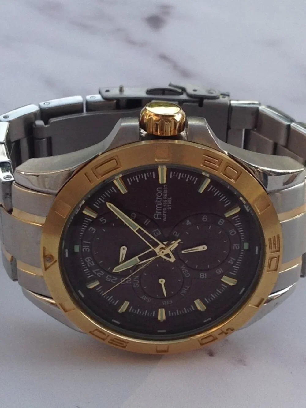 Armitron Chronograph 6P27 Brown Face, Gold Silver Wristwatch For Man or Woman